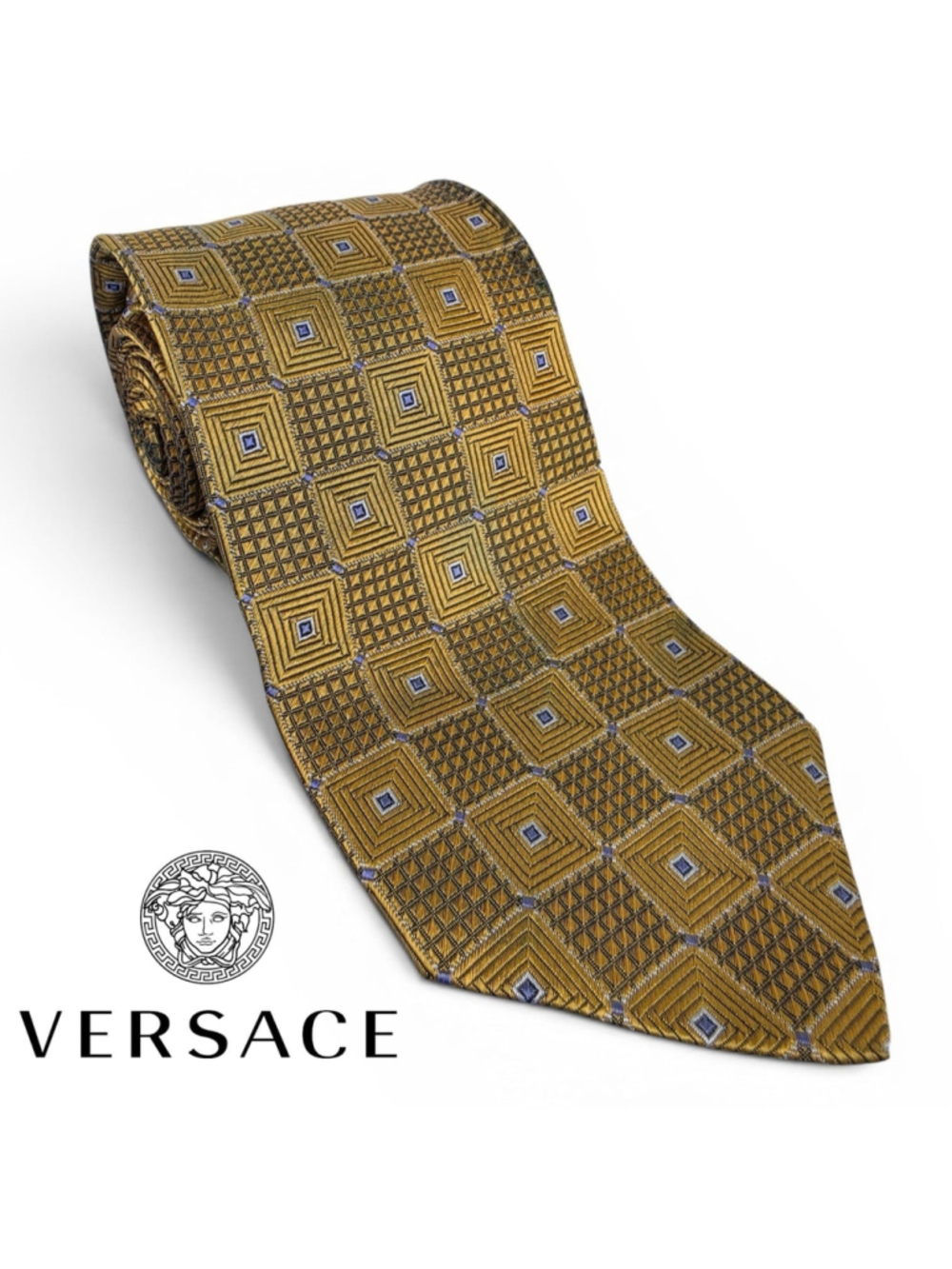 Versace Geometric Silk Necktie Gold Blue Squares Luxury Made In Italy